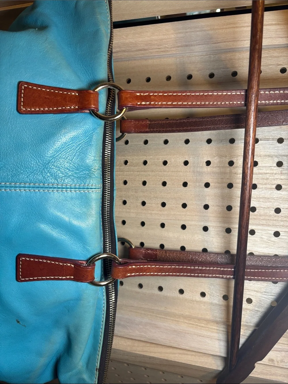Dooney & Bourke Turquoise Leather Tote with Brown Trim